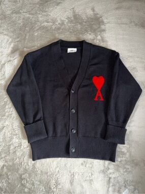 AMI Paris Cotton Wool Black Ami De Coeur Cardigan V-Neck Men’s Large